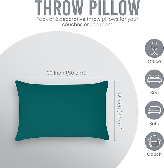 Utopia Bedding 12x20 Pillow Inserts, Set of 2, Dark Teal – Indoor Decorative Throw Pillows for Bed, Sofa & Couch – Soft, Supportive & Fluffy Cushion Inserts