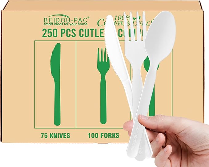 250 Count Compostable Disposable Non Plastic Silverware, Heavy Duty Biodegradable Forks Spoons Knives Cutlery Set, Eco Friendly Recyclable Flatware Utensils for Party Wedding Daily Use