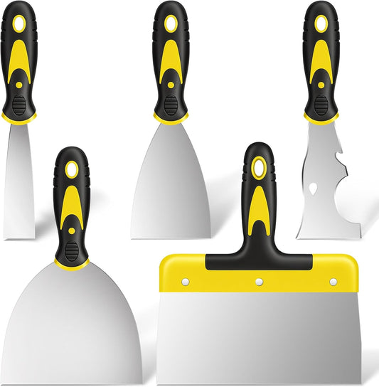 Spackle Knife Set, 5 PCS Stainless Steel Putty Knife Set Include 4 Paint Scrapers and 1 Multi Scraper Tool, Paint Scraper Tool for Drywall Decals (1.5" 3" 4" 6" 10")