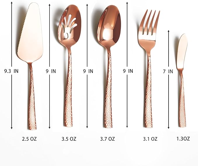 Large Hostess Serving Utensils Set, Stainless Steel Heavy Duty Hammered Serving spoons, Slotted Spoons, Serving Fork, Cake Server, Butter Knife, Dishwasher Safe（Rose Gold）