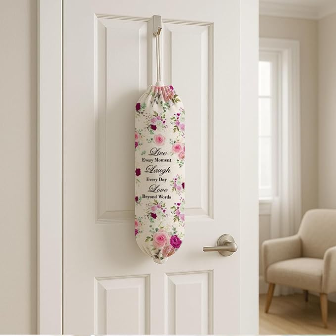 Plastic Bag Holder, Live Every Moment Laugh Every Day Love Beyond Words Plastic Bag Holder for Kitchen Essentials, Reusable Hanging Grocery Sack Dispenser, Floral Trash Sack Storage Dispenser