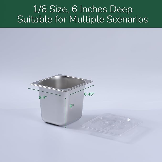 6 Pack Stainless Steam Hotel Pan with Lid, 1/6 Size x 6 Inch Deep Table Steam Pan Restaurant Supplies Reusable Anti Rust Catering Storage for Home, Buffet,Party, Restaurant, Hotel