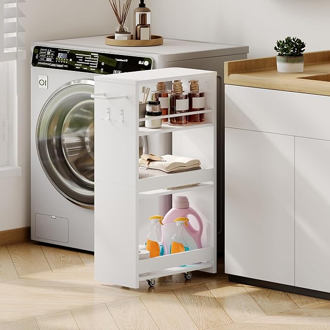 ChooChoo 4-Tier Slim Storage Cart with Handle, 7.87" W Rolling Utility Cart on Universal Wheels, Kitchen Cart Mobile Shelving Organization for Laundry Room, Bathroom & Narrow Places, White