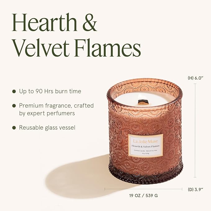 LA JOLIE MUSE Hearth & Velvet Flames Candle – Saffron, Clove & Vanilla | 19 oz Large Wooden Wick Soy Candle | 90 Hours Clean Burn | Gift-Ready for Any Occasion | Elegant Home Décor