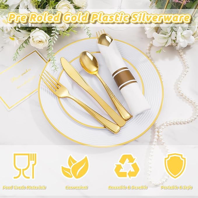 Liacere 100Pack Pre Rolled Gold Silverware and Napkin-Disposable Gold Plastic Utensils-Wrapped Plastic Cutlery Set with Napkin:100 Forks,100 Knives,100 Spoons,100 Napkins for Valentine's Day