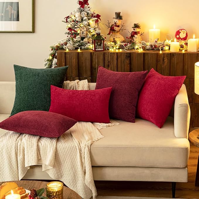 MIULEE Pack of 2 Christmas Green Throw Pillow Covers 16x16 Inch Soft Chenille Pillow Covers for Sofa Living Room Couch Solid Dyed Cases