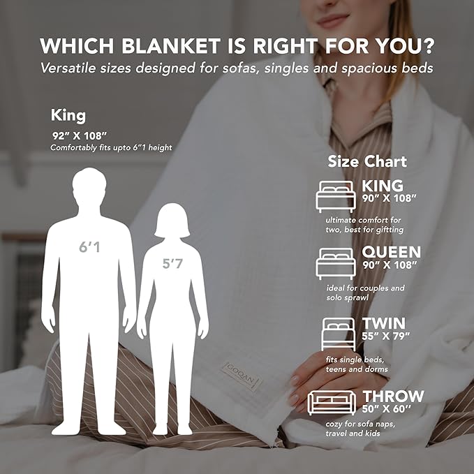 Goqan Muslin Blanket King Size 90x108 – 100% Turkish Cotton 4 Layer Boho Muslin Blanket for Adults, Four Season, Lightweight and Thin, Soft, Breathable for Bed, Couch - White