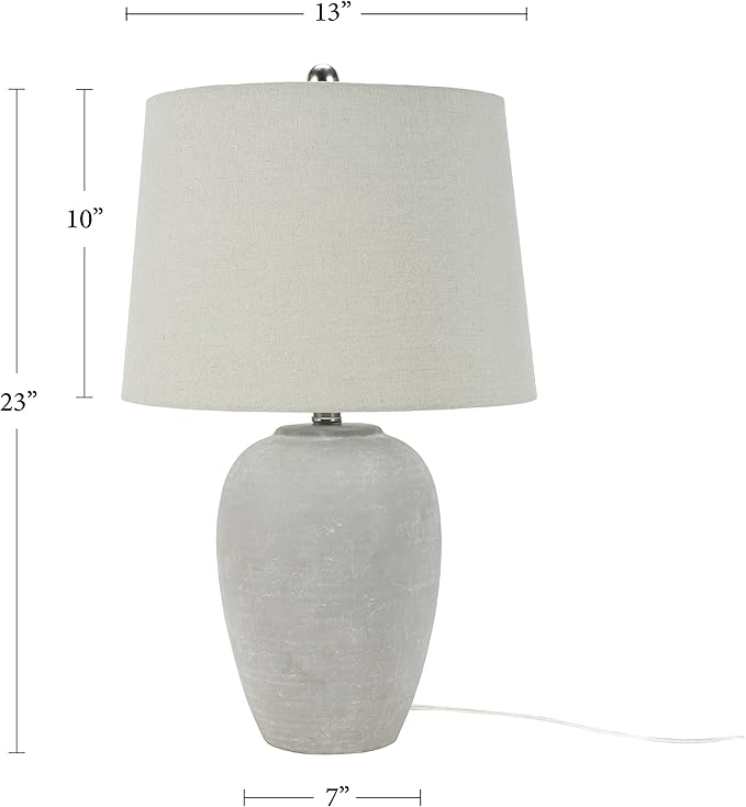 Nourison Home 23" Vintage Grey (White Washed) Ceramic Pot Table Lamp for Bedroom, Living Room, Dining, Office, with Grey Shade