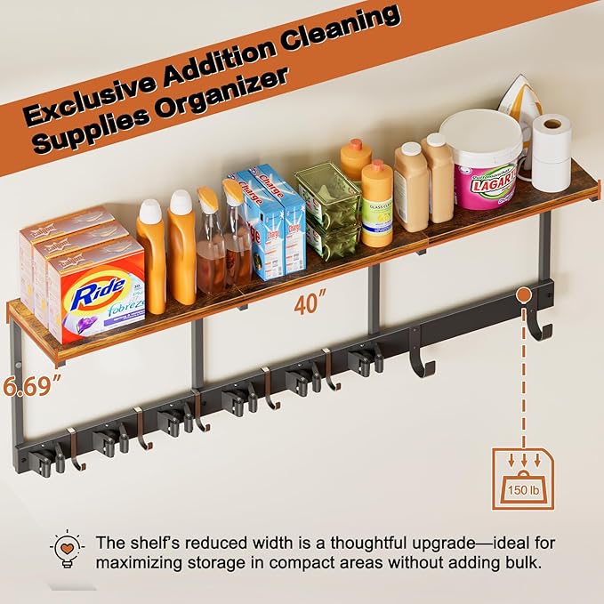 Broom Holder Wall Mount with Cleaning Supplies Organizer, Laundry Room Organization and Storage Shelves with Ironing Board Holder, Mop Hanger Broom Rack with Hooks, Home Improvement Garage Organizer