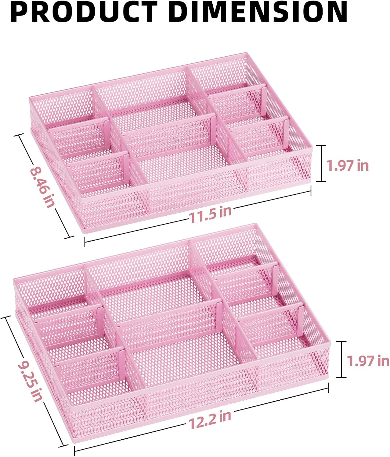 Marbrasse 2 Pack Desk Drawer Organizer, Mesh Drawer Organizer Tray with 8 Adjustable Compartments, Desk Organizers and Accessories, 5 Dividers Drawer for Office Supplies, Makeup & Vanity (Pink)
