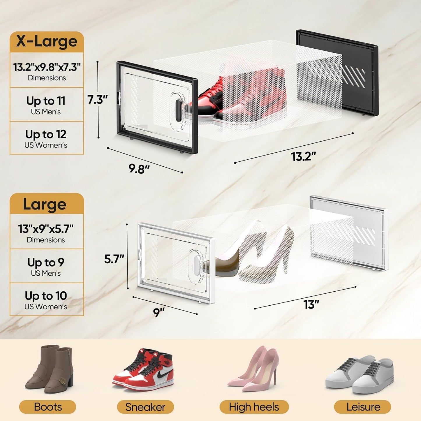 BALEINE 12 Pack Stackable Shoe Storage Boxes Fit Size 11, Thickened Clear Shoe Box Bins with Lids, Plastic Foldable Organizer Sneaker Storage Containers (X-Large, White)