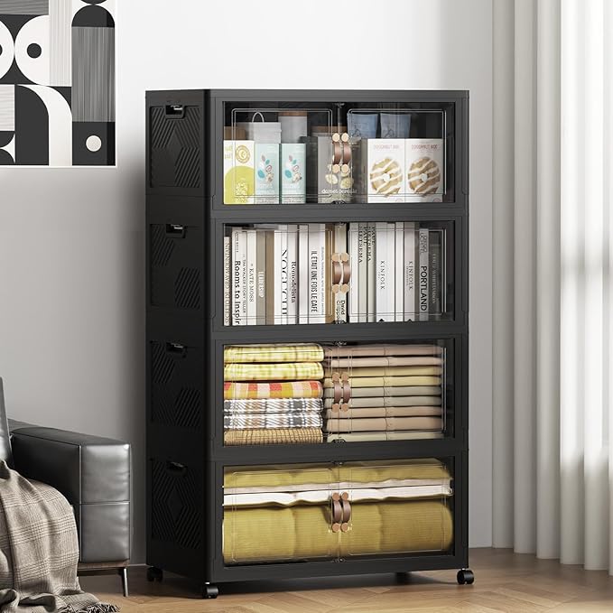 SAILUN 500QT Stackable Storage Bins with Lid, Collapsible Storage Bins With Doors and Wheels, Folding Plastic Cabinet Containers for Home Kitchen Closet Organization, 4 Pack