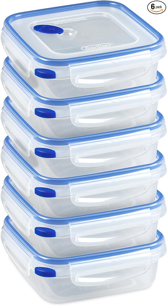 Sterilite Ultra-Seal 4 Cup Square, Airtight Food Storage Container, Latching Lid, Microwave and Dishwasher Safe, Clear With Blue Gasket, 6-Pack