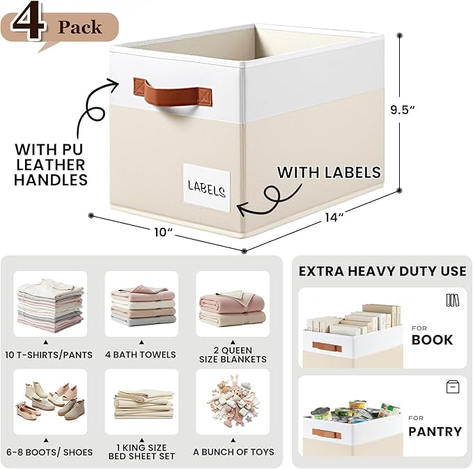 4 Pack Large Closet Storage Baskets for Shelves - 14x10 Heavy Duty Closet Shelf Organizer Bins with Handles & Labels - Decorative Collapsible Baskets for Organizing Living Room Bedroom Nursery Dorm