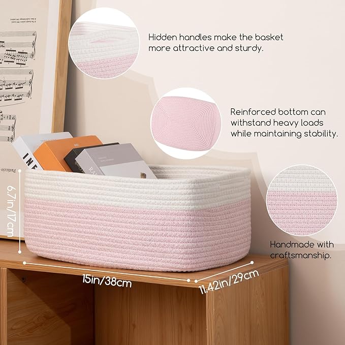 OIASKET Storage Baskets for Organizing 3 Pack, Woven Baskets for Shelves, Closet Organizer Bins Empty Gift Basket Toy Storage for Toys, Books, Towels, Clothes, 15"x11.42"x6.7", Pink