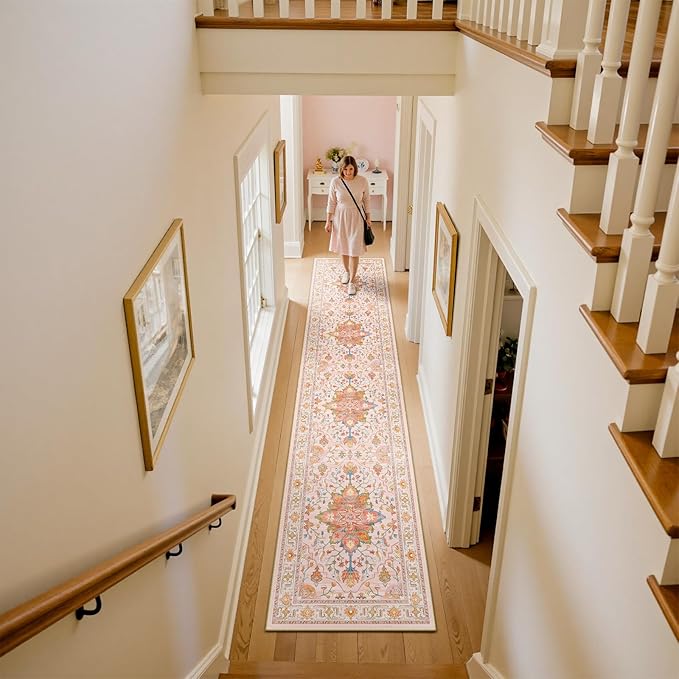 RELEANY Area Rugs 2'x10' Runner Rug Non Slip Washable for Kitchen Hallway Bedroom Beside Laundry Room Bathroom Rug, Floor Carpet, Light Pink Colorful