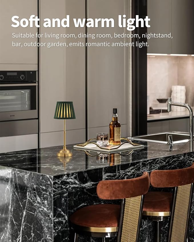 KDG Cordless LED Table Lamp Set of 2, Portables Fabric Shade Desk Lamps, 4000mAh Rechargeable Battery Powered Lighting, Dimmable Light for Dining Room, Bedroom, Bedside, Night Light, Balcony (Green)