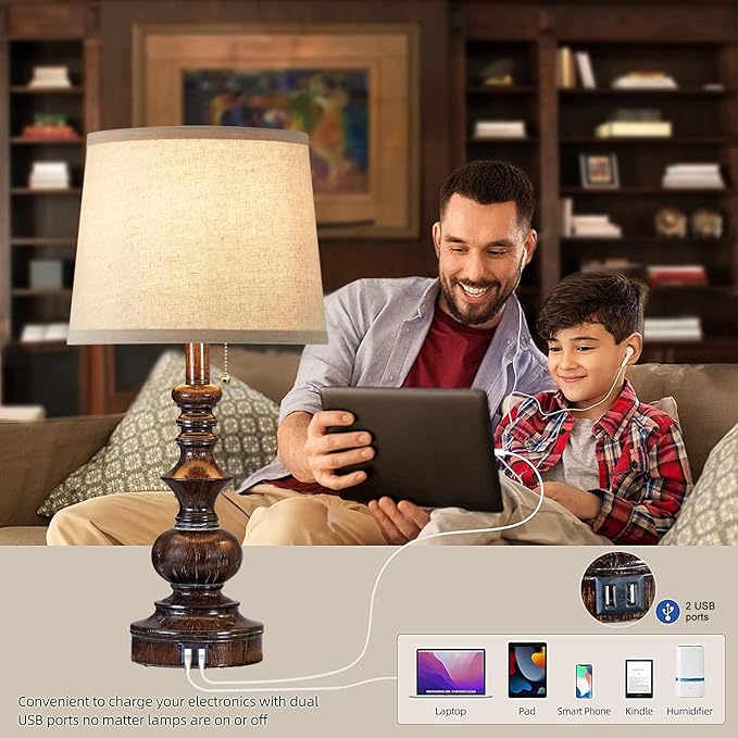 Drawealth Vintage Bedside Table Lamps Set of 2 for Bedroom Nightstand Lamps with USB Charging Ports Rustic Farmhouse Small Table Lamp for Living Room End Tables Brown Wooden Finish, Pull Chain