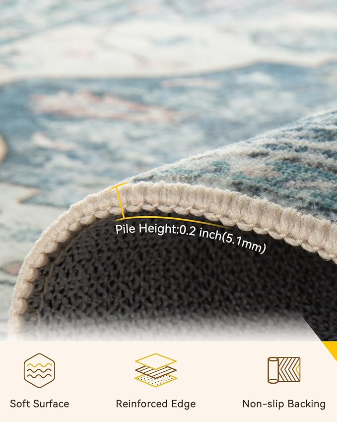 RELEANY Area Rugs 8ft Washable Non-Slip, Floral Vintage Distress Print Pattern Medallion Carpet for Living Room Bedroom Dining Room, Dark Blue Vintage