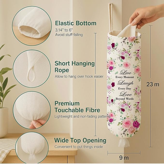 Plastic Bag Holder, Live Every Moment Laugh Every Day Love Beyond Words Plastic Bag Holder for Kitchen Essentials, Reusable Hanging Grocery Sack Dispenser, Floral Trash Sack Storage Dispenser