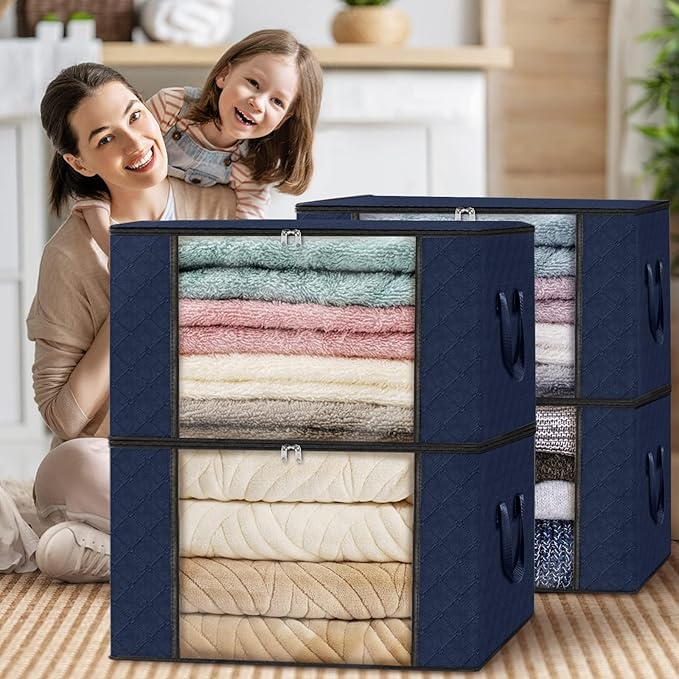 Fab totes Storage Bags,Clothes Blanket Storage Bins Foldable Closet Organizers with Reinforced Handle for Home Dorm Storage and Organization,Fabric Bags for Organizing Sheets,Clothing (Blue,4 Pack)