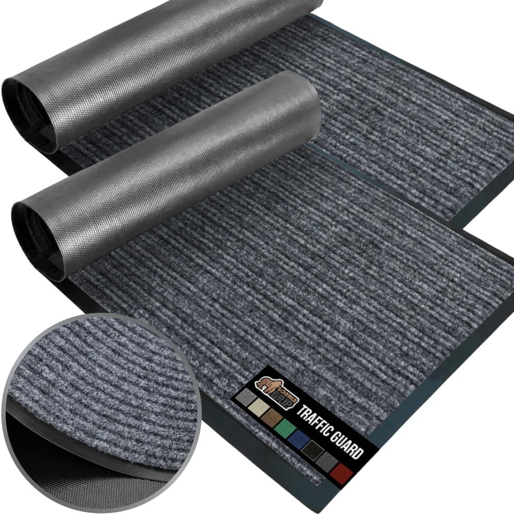 GORILLA GRIP Traffic Guard Door Mat, 2 Pack, Heavy Duty Waterproof Doormat, Commercial Office Space Welcome Mats, Stain and Fade Resistant, Low Profile, Strong Rubber Backing, 29x17, Gray