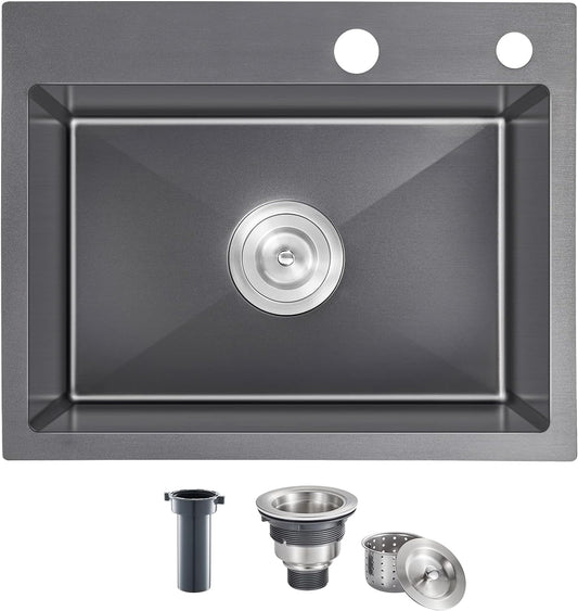 22x18 Inch Drop in Kitchen Sink, Handmade 304 Black Stainless Steel Sink, 9" Deep Single Bowl, Topmount with 2 Holes, R10 Tight Corner, for Modern Kitchen/RV/Bar Sink