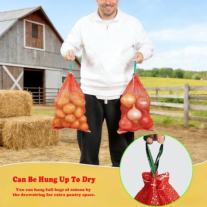 Mesh Onion Bags-50 Pack Reusable Vegetable Storage Bags with Drawstring, Breathable Mesh Produce Bags for Potatoes, Onions, Garlic, Fruits, Fresh for Kitchen Pantry Organization (Pack of 50)