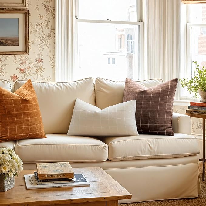 MIULEE Decorative Chenille Check Throw Pillow Covers Vintage Plaid Couch Pillows 18x18 Inch Set of 2 Neutral Boho Farmhouse Cushion Covers Modern Spring Home Decor for Sofa Bed Living Room Bronze