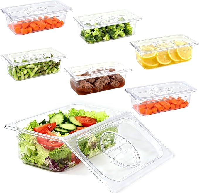 6 Pack food Pans with Lids 1/3 Size, Commercial Food-grade material, Impact-resistant and shockproof, For Salad Bars, Hot Deli Items & Dessert Toppings, Prep Table & Refrigerator Friendly