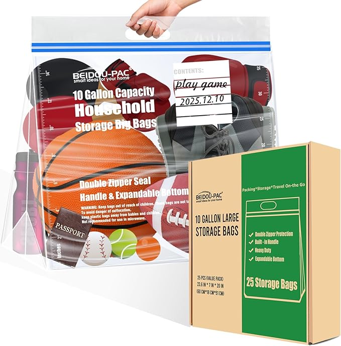 10 Gallon Large Storage Bags with Handle, 25 Counts | Double Zipper Seal | Expandable Bottom, Resealable Clear zip Bags