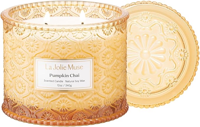 LA JOLIE MUSE Pumpkin Chai Candle | Spicy Chai & Vanilla | 12 oz Double Wick Soy Candle | 60 Hours Clean Burn | Elegant Home Décor & Hosting Gift
