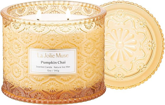 LA JOLIE MUSE Pumpkin Chai Candle | Spicy Chai & Vanilla | 12 oz Double Wick Soy Candle | 60 Hours Clean Burn | Elegant Home Décor & Hosting Gift