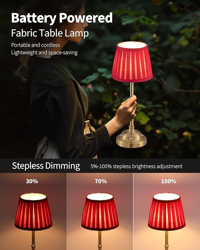 KDG Cordless LED Table Lamp Set of 2, Portables Fabric Shade Desk Lamps, 4000mAh Rechargeable Battery Powered Lighting, Dimmable Light for Dining Room, Bedroom, Bedside, Night Light, Balcony (Red)