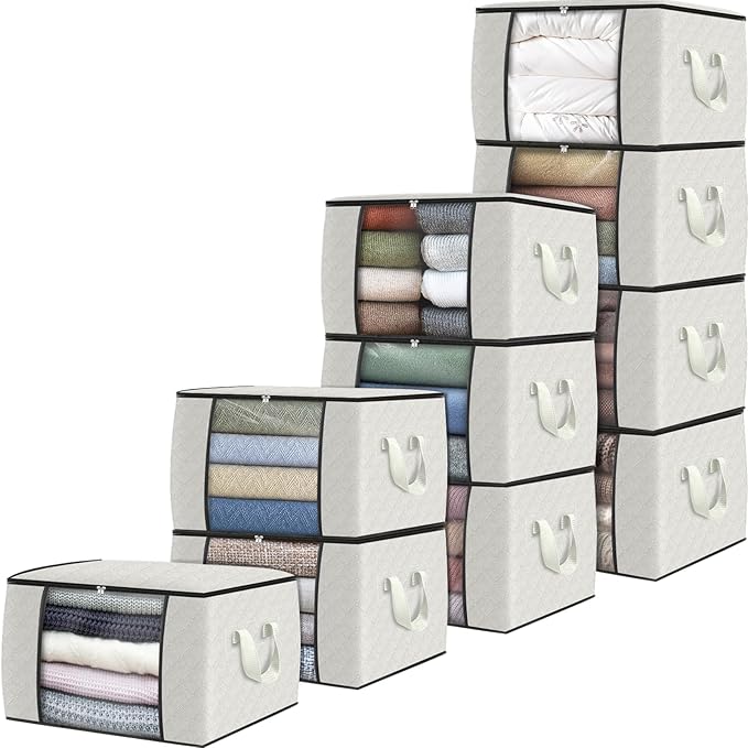 Fab totes 10 Pack Clothes Storage, Foldable Thick Fabric Blanket Storage Bags, Containers for Organizing Bedroom, Closet, Clothing, Comforter, Organization with Handle,Ivory White