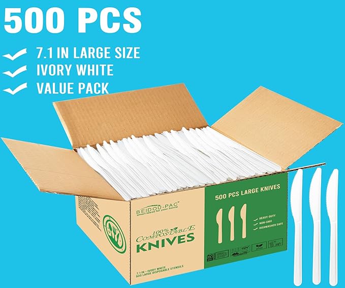 500 Count Compostable Disposable Non Plastic Knives, Large Heavy Duty Biodegradable Utensils, Eco Friendly Durable Sturdy Recyclable Knives Flatware Silverware for Party Wedding Daily Use