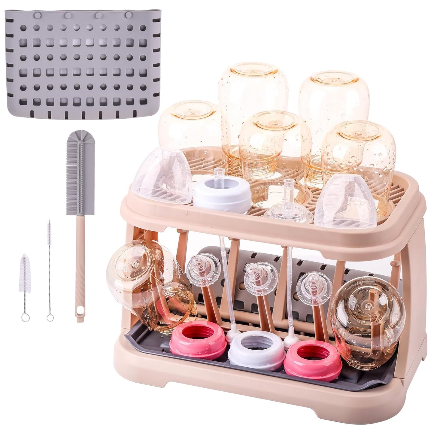 Baby Bottle Drying Rack:Space Saving Standing Drying Rack for Baby Bottles and Pump Part Cleaning,be Equipped with Bottle Brush（Pink Lotus Root）