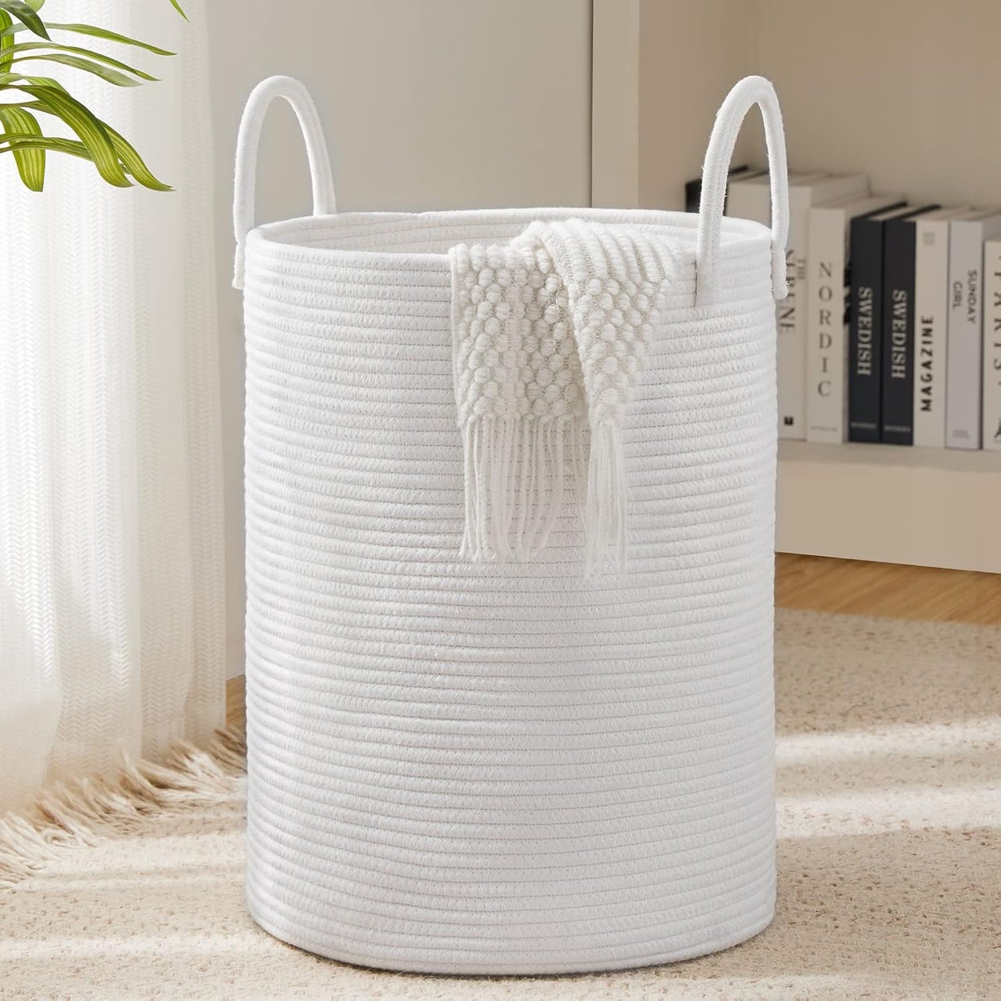 Woven Rope Laundry Hamper Basket by YOUDENOVA, 72L Tall Luandry Basket, Baby Nursery Hamper for Blanket Storage in Bedroom-Large-Pure White