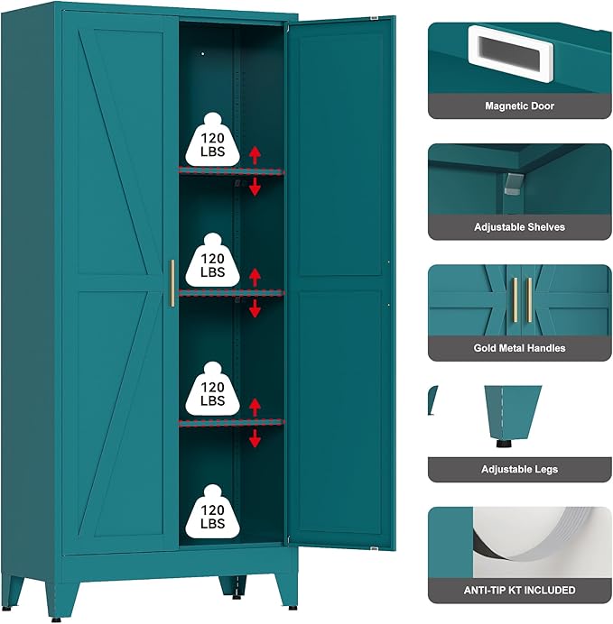 61" Tall Compact Storage Cabinet, Space-Saving 27.5" Wide Pantry in Blue with 2 Doors & 3 Shelves,Freestanding for Small Kitchen, Apartment, Narrow Hallway