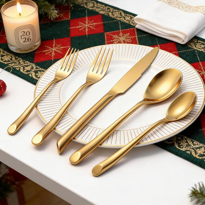 Gold 5-Piece Silverware Set, Elegant Stainless Steel Flatware Set, Cutlery Set Mirror Polished, Dishwasher Safe, Service for 1