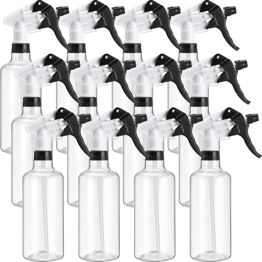 Eccliy 12 Pcs 16 Oz Plastic Spray Bottle, Adjustable Empty Reusable Sprayer for Cleaning, Planting, Water, Bathroom and Kitchen, BBQ, Commercial and Residential(Black,Clear)