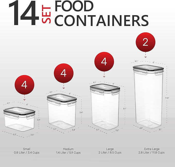DWËLLZA KITCHEN Set of 14 Airtight Food Storage Containers for Pantry Organization and Storage - Sugar, Flour, Pasta, Spaghetti Plastic Air tight Kitchen Storage Containers With Lids, Labels & Marker