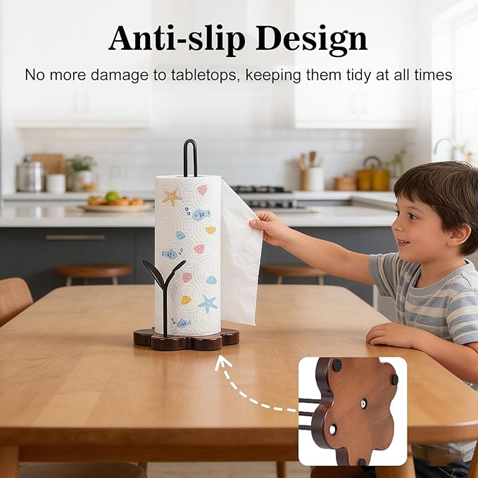 Wooden Paper Towel Holder Countertop,Kitchen Paper Towel Holder with Floral Base & Leaf-Shaped Accent with -Stable & Durable, Anti-Slip, Paper Towel Roll Holder for Farmhouse/Kitchen/Dining Décor