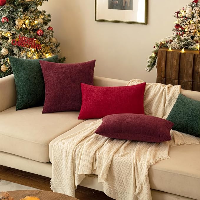MIULEE Pack of 2 Christmas Wine Red Couch Throw Pillow Covers 20x20 Inch Soft Chenille Pillow Covers for Sofa Living Room Solid Dyed Pillow Cases