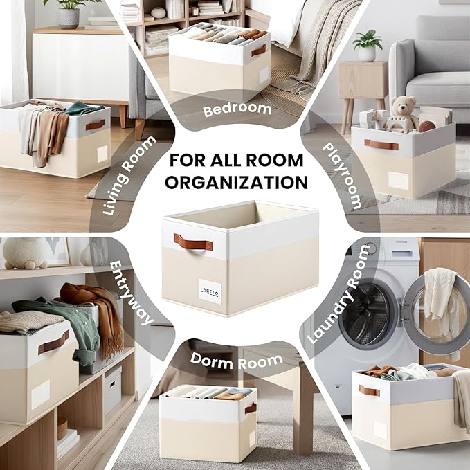 4 Pack Large Closet Storage Baskets for Shelves - 14x10 Heavy Duty Closet Shelf Organizer Bins with Handles & Labels - Decorative Collapsible Baskets for Organizing Living Room Bedroom Nursery Dorm