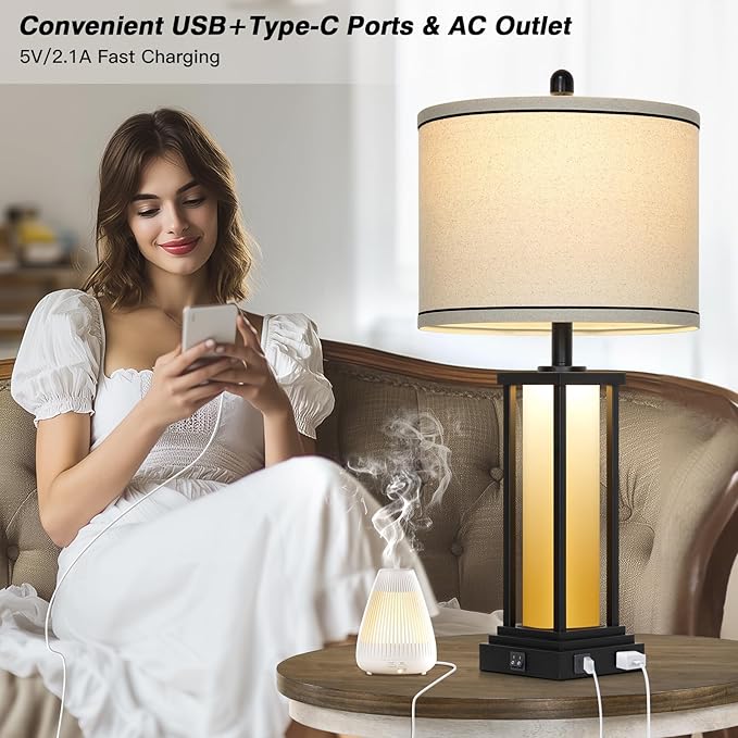 luxeflow 27in Tall Farmhouse Table Lamp Set of 2 with USB C+A & Outlet,Orange Industrial End Table Lamp for Living Room,Vintage Rustic Bedside Lamps with Night Light for Bedroom Nightstand