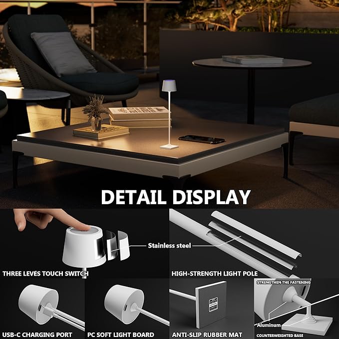 Timjorman Compact Cordless Table Lamp, Rechargeable LED Night Light, Dual Light Source (RGB Top & Warm Bottom), Touch Control & Timer, Metal Lamp for Bedroom & Kids Room (White 1PACK)