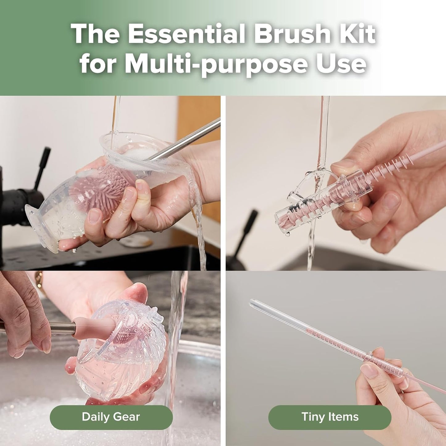 Haakaa Silicone Cleaning Brush Kit - Baby Bottle Brush Cleaner for Breast Pump,Nipple,Breast Milk Storage Bag,Reusable Straw,Sippy Cup - Food Grade Silicone Bristles, Portable - 3 Pcs - Pink