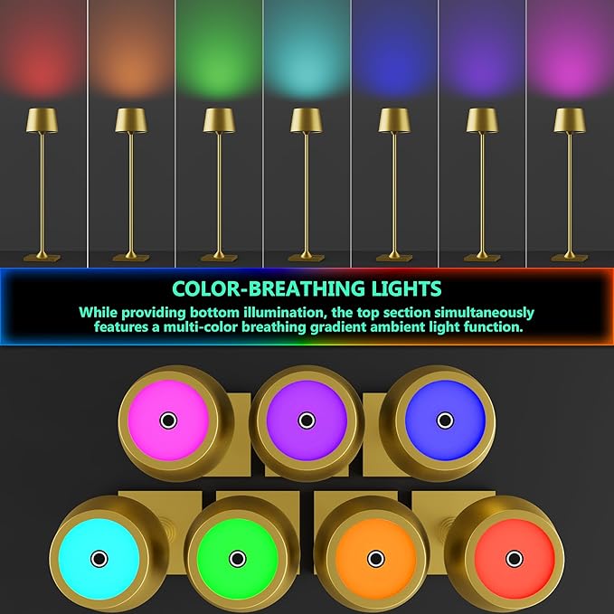 Timjorman Compact Cordless Table Lamp, Rechargeable LED Night Light, Dual Light Source (RGB Top & Warm Bottom), Touch Control & Timer, Metal Lamp for Bedroom & Kids Room (Golden 1-Pack)