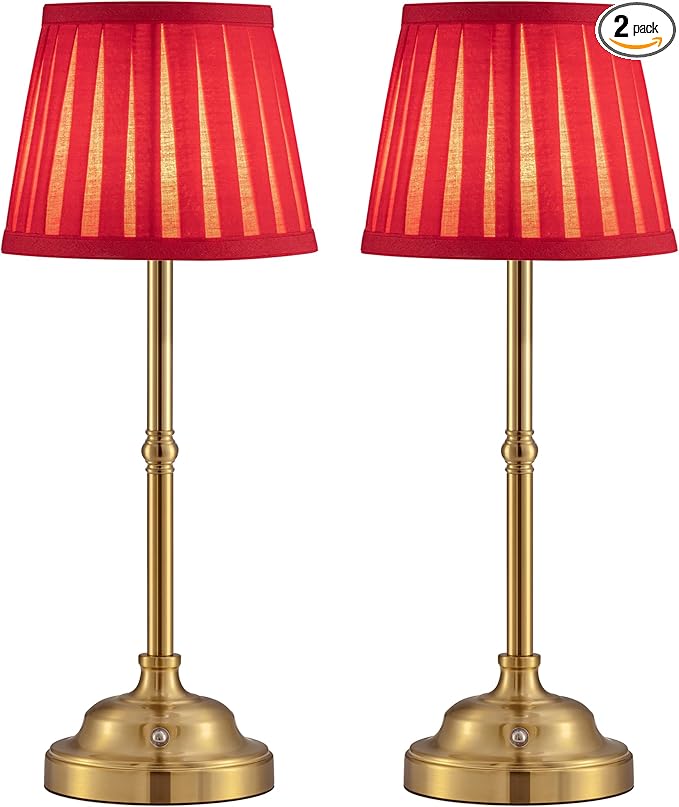 KDG Cordless LED Table Lamp Set of 2, Portables Fabric Shade Desk Lamps, 4000mAh Rechargeable Battery Powered Lighting, Dimmable Light for Dining Room, Bedroom, Bedside, Night Light, Balcony (Red)
